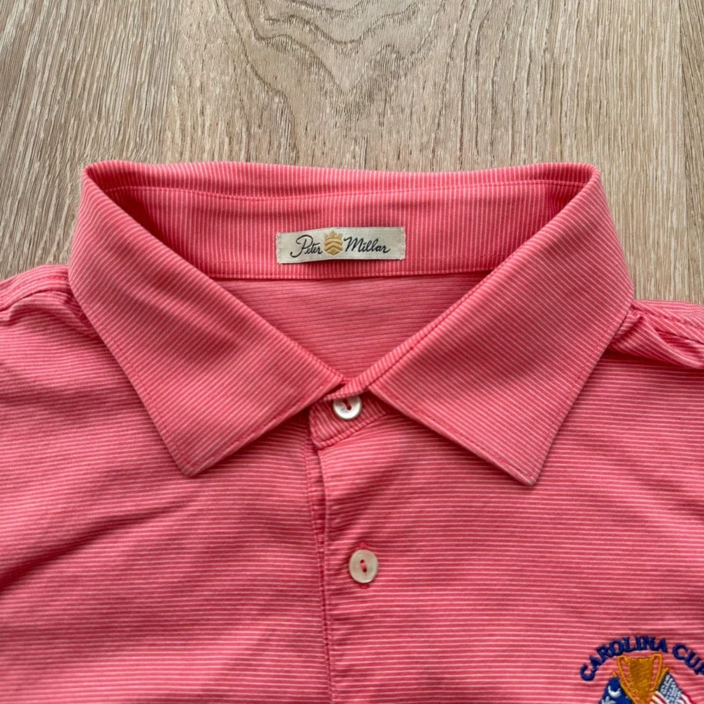 Peter Millar Carolina Cup Polo Shirt Mens XL Salmon Striped Mercerized Cottonn‎